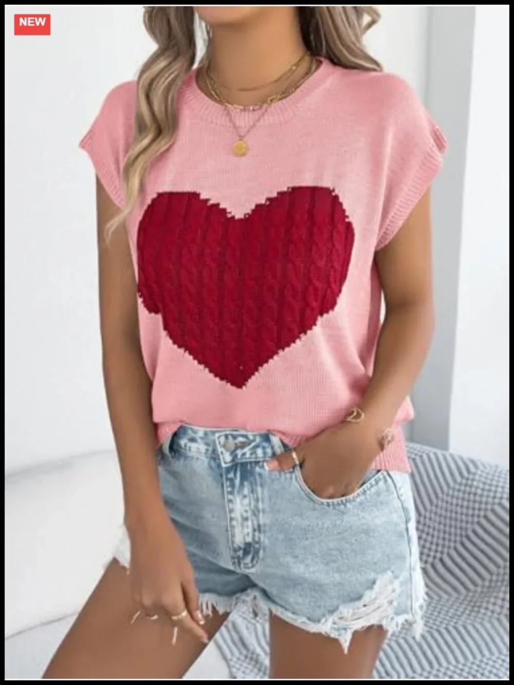 Women's Cap Sleeve Sweater Vest Heart Printed Cable Knit Crew Neck Lightweight